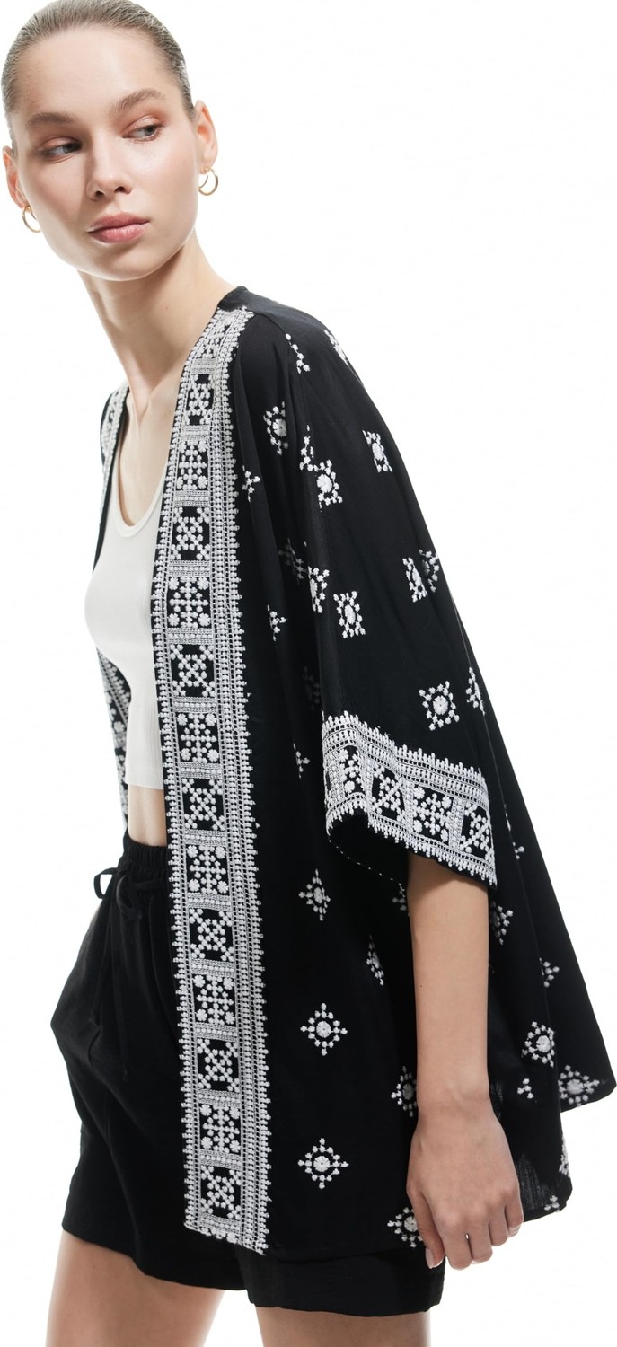 Aesco Koton Viskon Yarım Kollu Etnik Kimono görsel 3