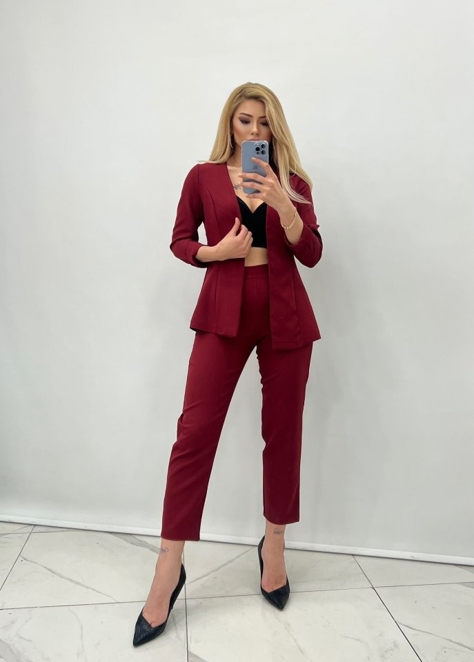 TeknoKapsül Kadın Atlas Kumaş Ceket Pantolon Takım - Bordo / Xl görsel 2