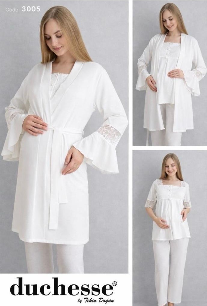 Duchesse 3005 Ekru 3 Lü Hamile Lohusa Pijama Sabahlık Tk görsel 2