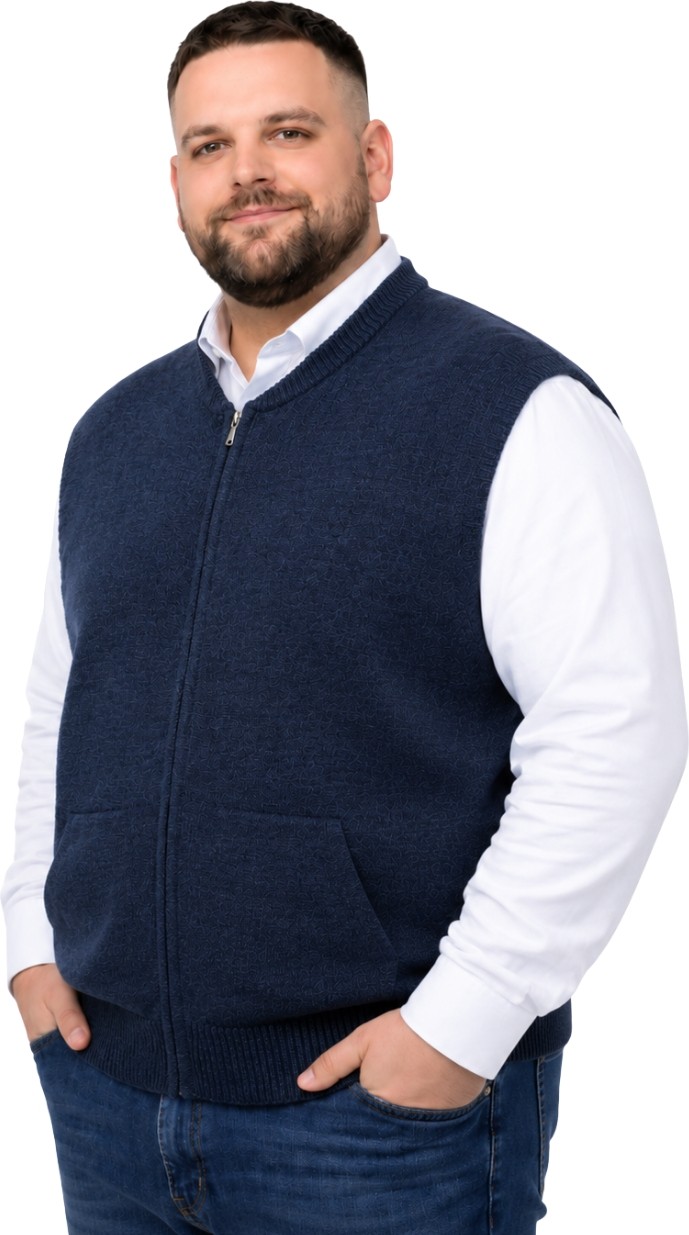 Battal Moda Erkek Büyük Beden Lacivert Hattush Cepli Fermuarlı Yelek 5xl-6xl-7xl-8xl görsel 2