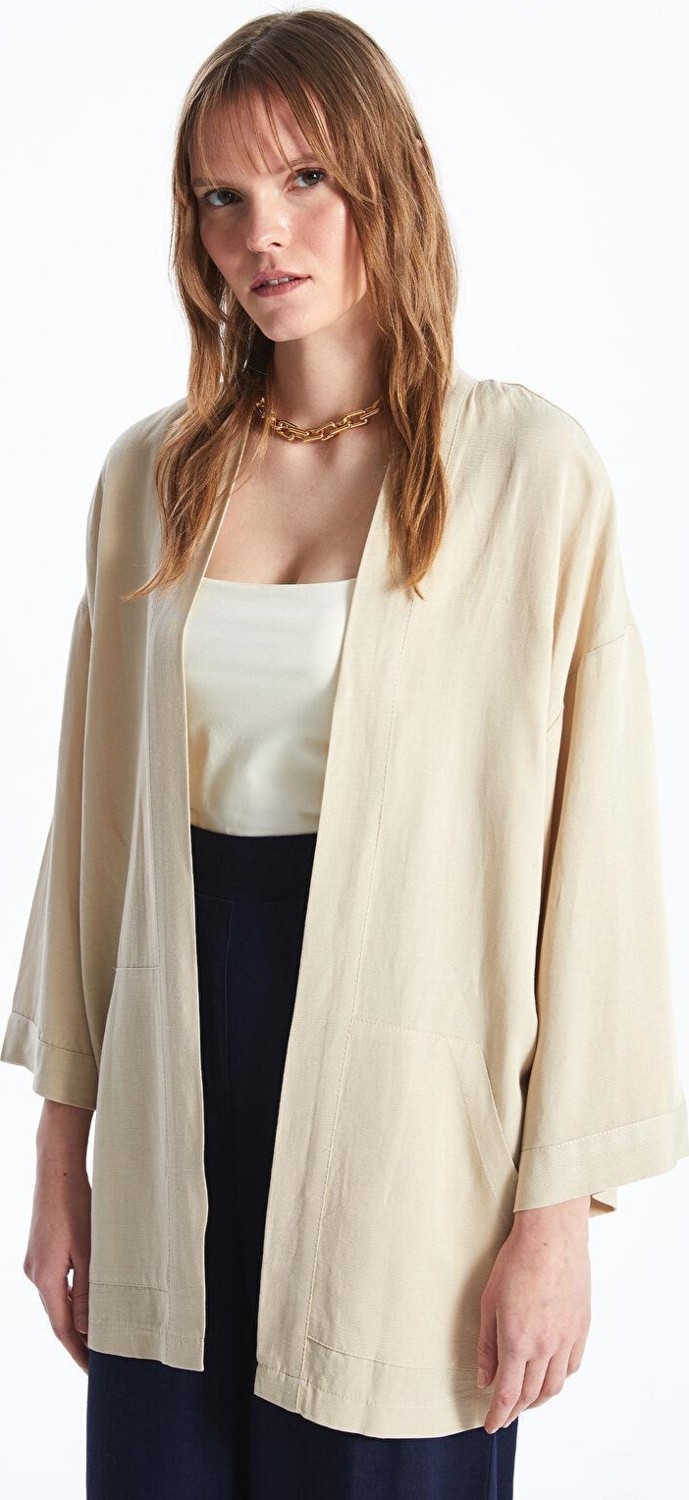 LC Waikiki Lcw Vision Açık Bej Şal Yala Düz Keten Karışımlı Oversize Kadın Kimono görsel 2