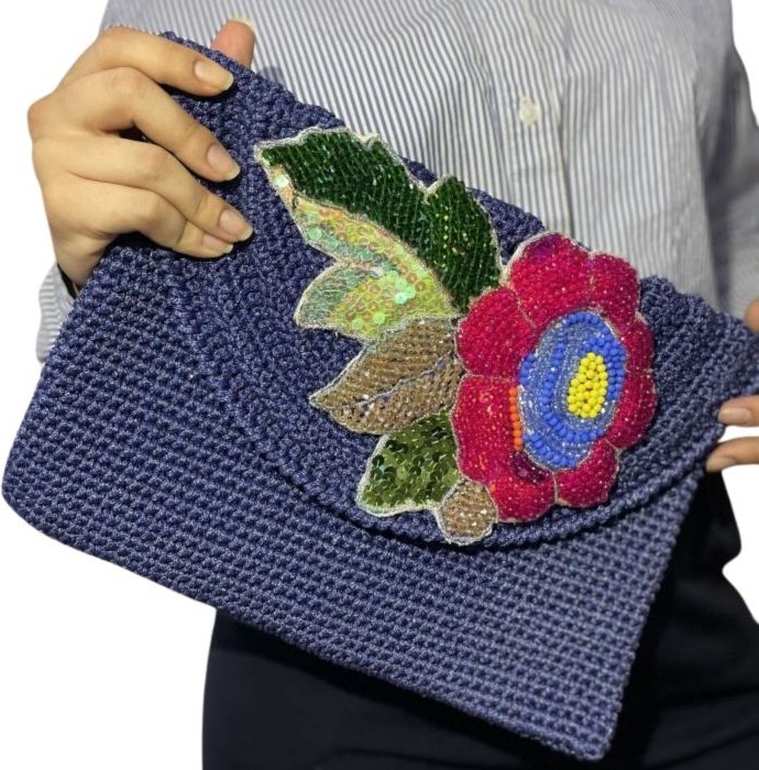 Uretti - Necla 1824 5631 El Yapımı Makrome Ip Çiçek Motifli Boncuk Işleme Detaylı Clutch Çanta / Lacivert görsel 7