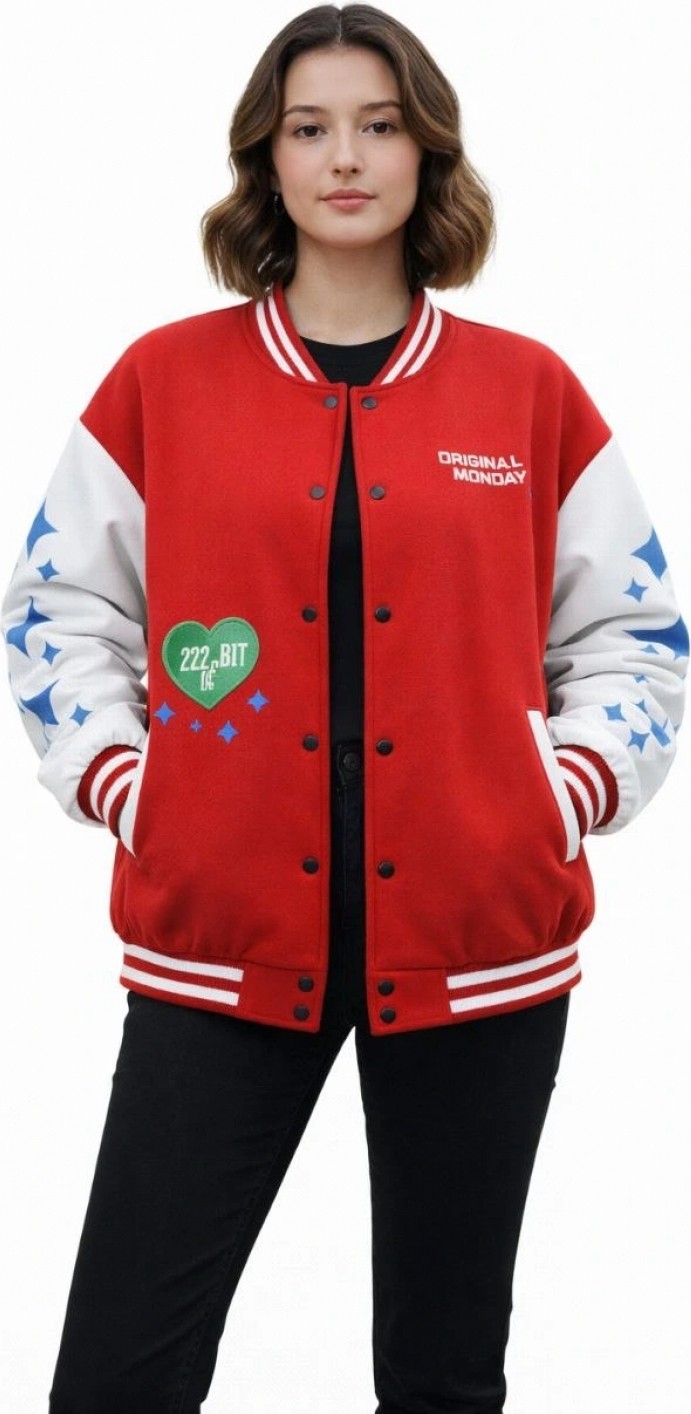 Hace Bazaar Kırmızı Varsity Çıtçıtlı Baskılı Oversize Kalıp Kolej Ceket - Kırmızı görsel 4