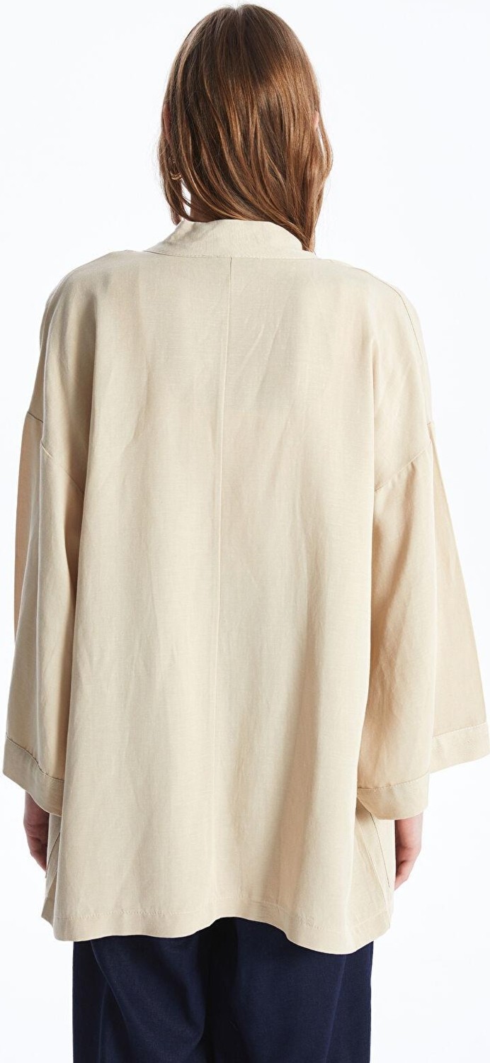LC Waikiki Lcw Vision Açık Bej Şal Yala Düz Keten Karışımlı Oversize Kadın Kimono görsel 5