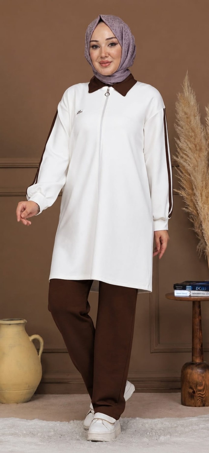 Esra Butik Kahve Beyaz Şerit Detaylı Fermuarlı Tesettür Eşofman Takımı