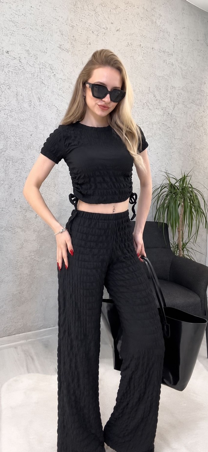 Gk Luxury & Fashion Crop ve Pantolon Ikili Takım Bubble Kumaş Yumuşacık - Yanı Kanallı Crop ve Yüksek Bel Pantolon