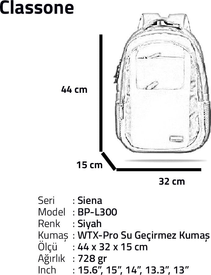 Die Grup Classone BP-L300 Siena Serisi 13-14-15.6 Inç Uyumlu Notebook Çantası, Siyah görsel 3