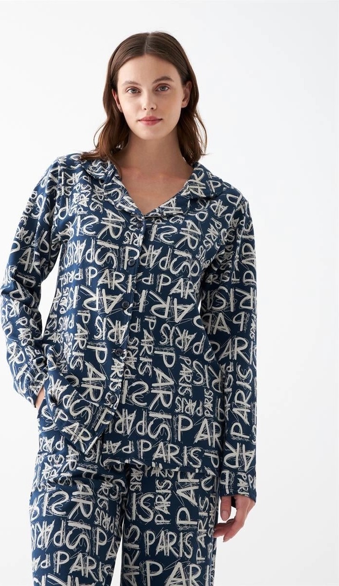 mery Kadın Lacivert “paris” Yazı Desenli Düğmeli Pamuklu Pijama Takımı Mery görsel 4