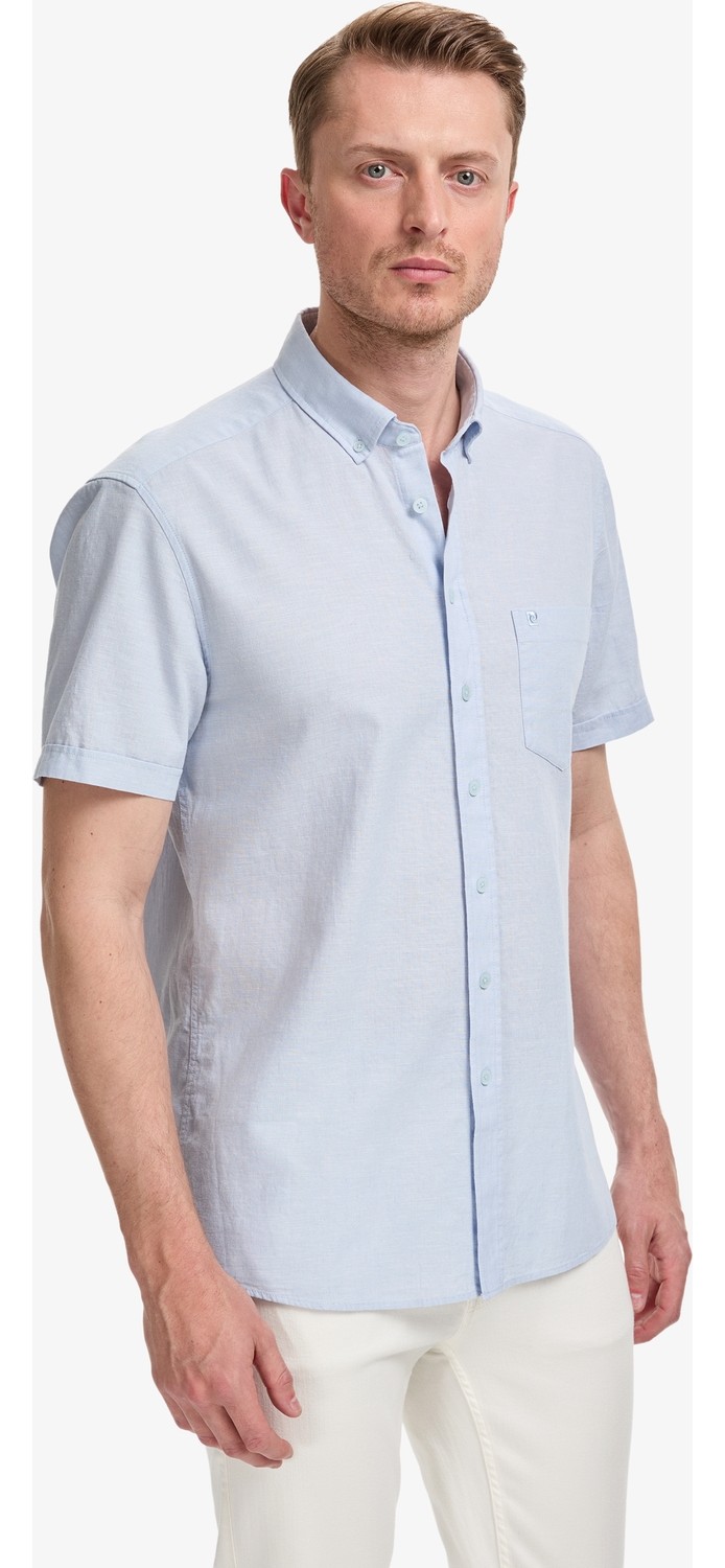 Pierre Cardin Erkek Lacivert Keten Karışımlı Regular Fit Kısa Kollu Gömlek 50325340-VR033 görsel 3