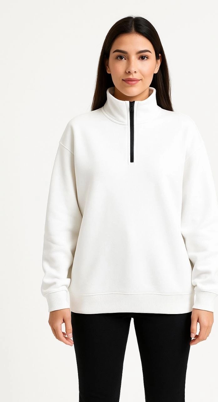 Tarz Yeri Kadın 3 Iplik Pamuklu Dık Yaka Yarım Fermuarlı Sweatshirt - Beyaz görsel 4