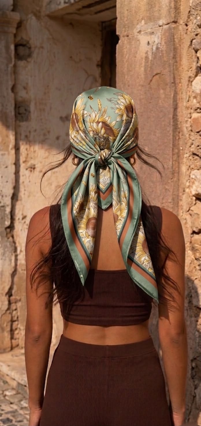 Revam Collection Ayçiçek Desenli Fular Bandana Şal Çok Renkli Saten Pamuk Malzeme ile Günlük Kullanım İçin görsel 2