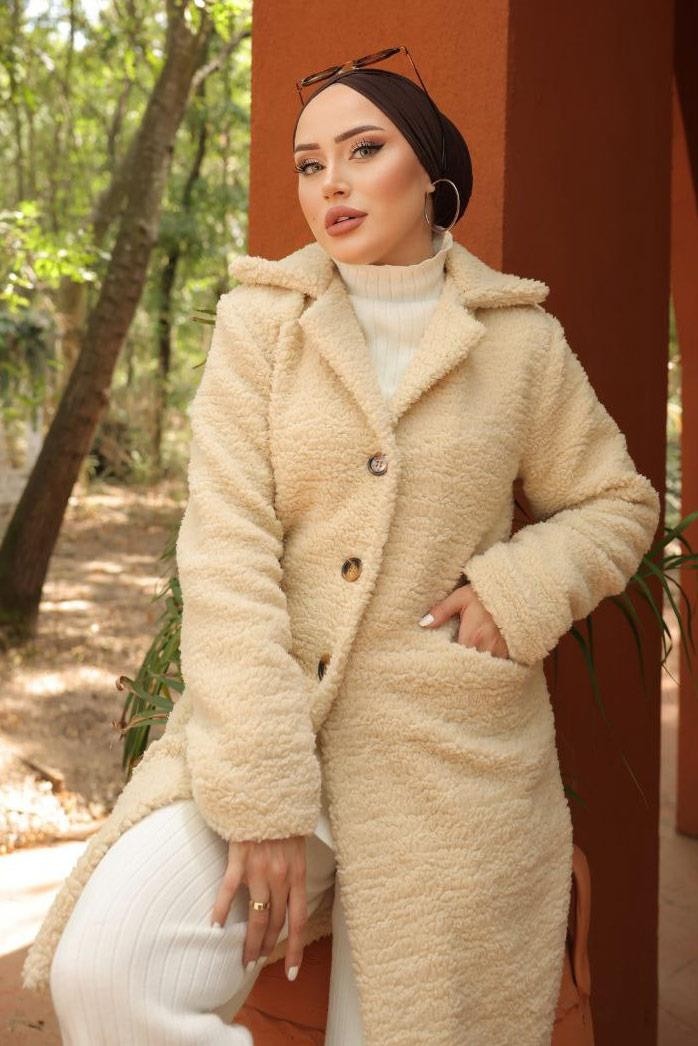 Hafsa Mina Kruvaze Yaka Peluş Mont Krem HM2507