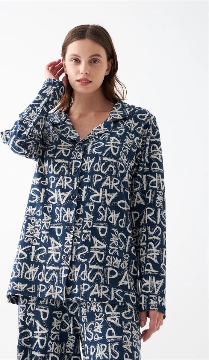 mery Kadın Lacivert “paris” Yazı Desenli Düğmeli Pamuklu Pijama Takımı Mery görsel 3