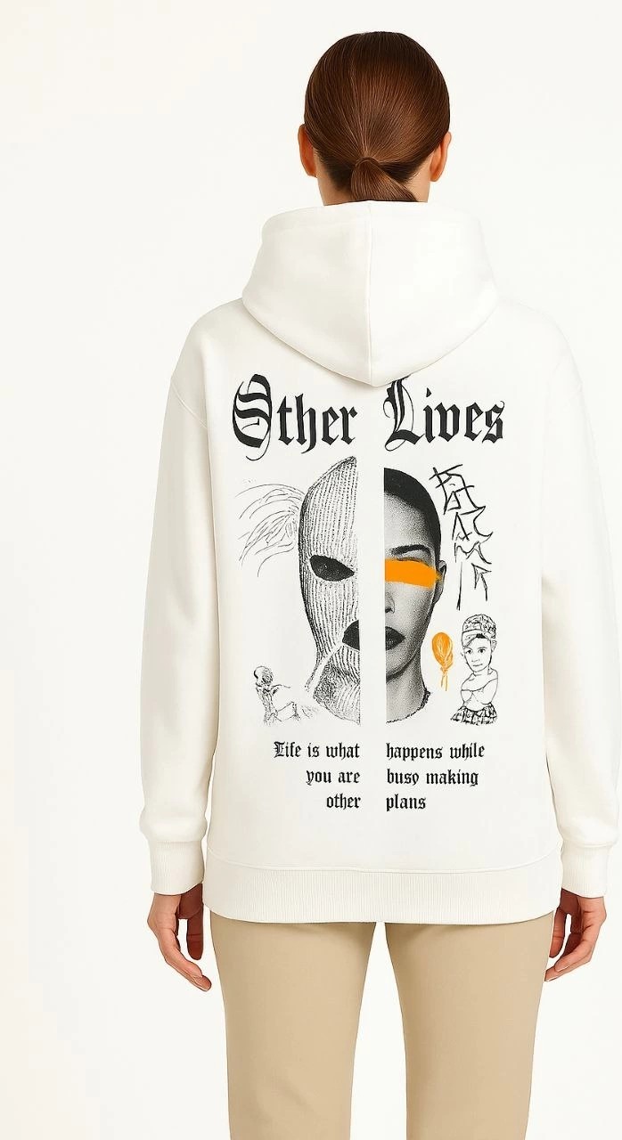 Tarz Yeri Kadın Kapüşonlu Kanguru Cepli Sweatshirt 3 Iplik Pamuklu Baskılı Hoodie - Beyaz görsel 3
