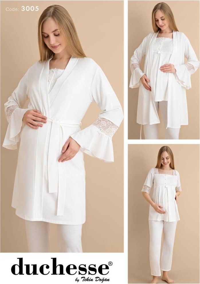 Duchesse 3005 Ekru 3 Lü Hamile Lohusa Pijama Sabahlık Tk görsel 4