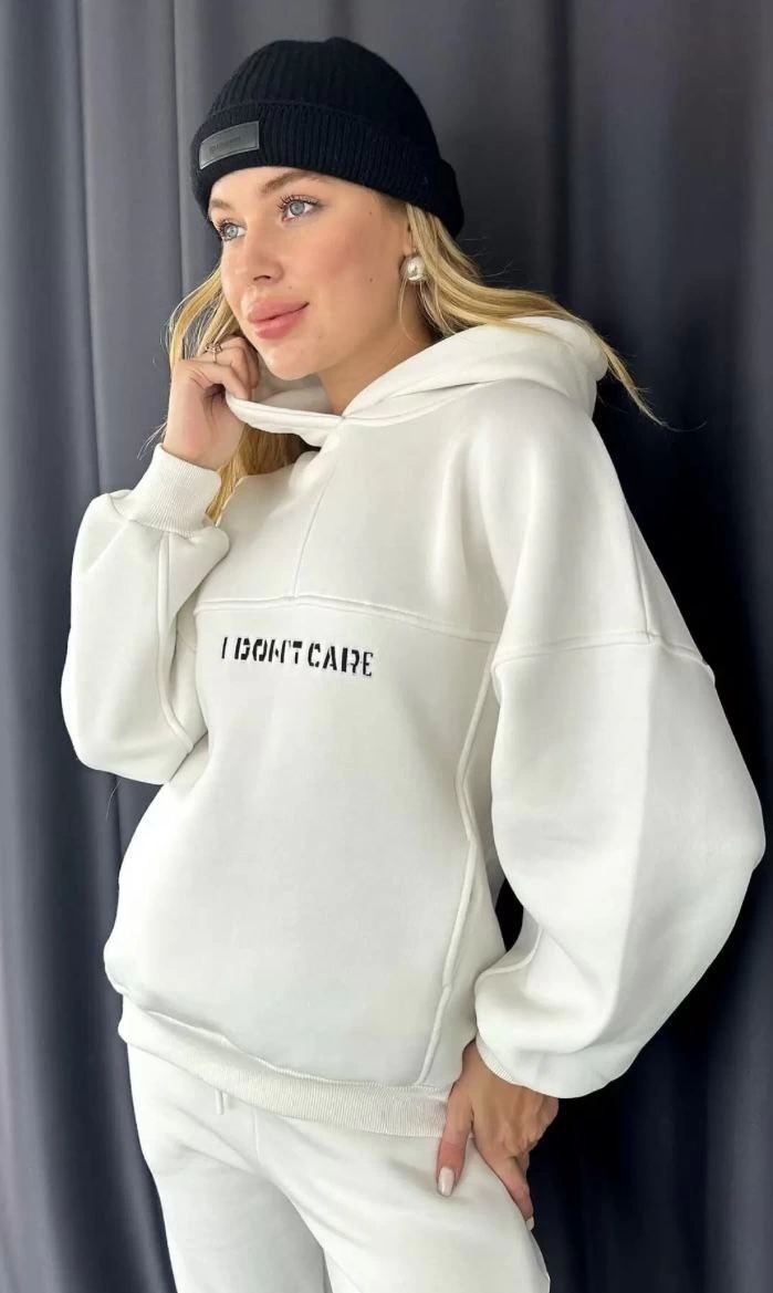 Fantastik Store Kadın Nakış Işlemeli 3 Iplik Pamuklu Sweat Alt-Üst Takım- Beyaz görsel 6