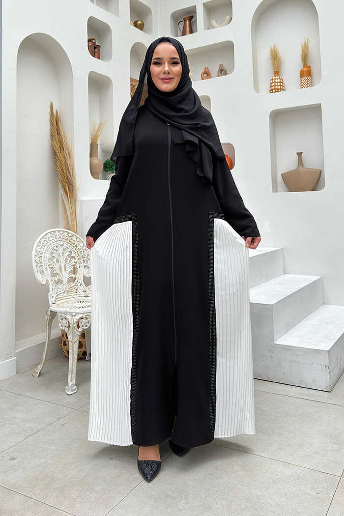 Bym Fashion Pilise Taş Detay Fermuarlı Ferace 7892 Ekru