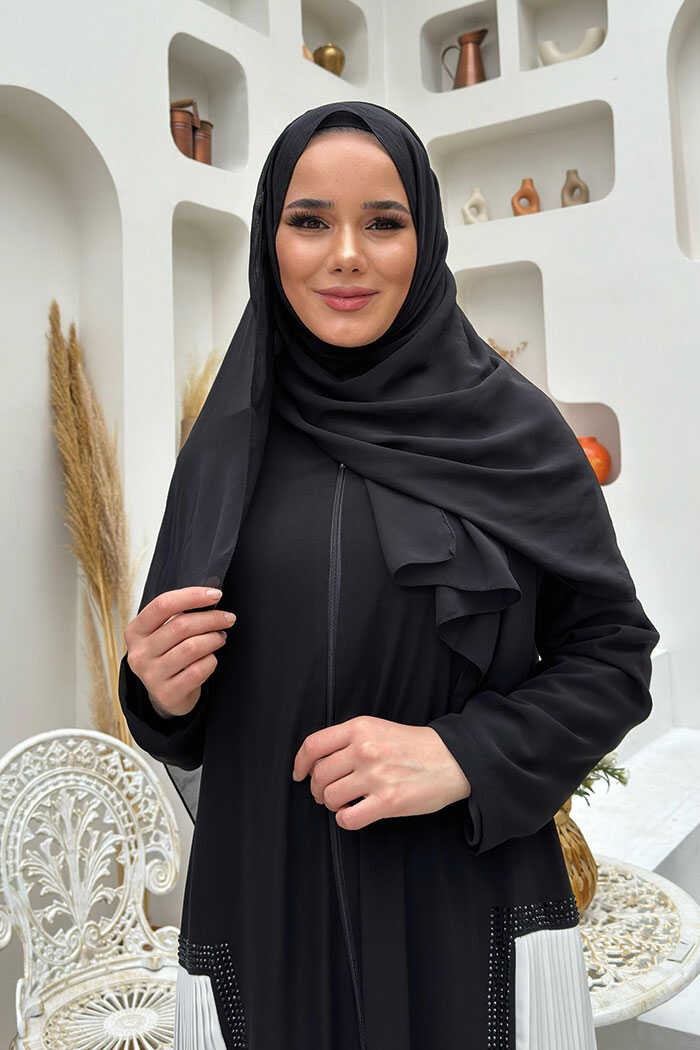 Bym Fashion Pilise Taş Detay Fermuarlı Ferace 7892 Ekru görsel 4