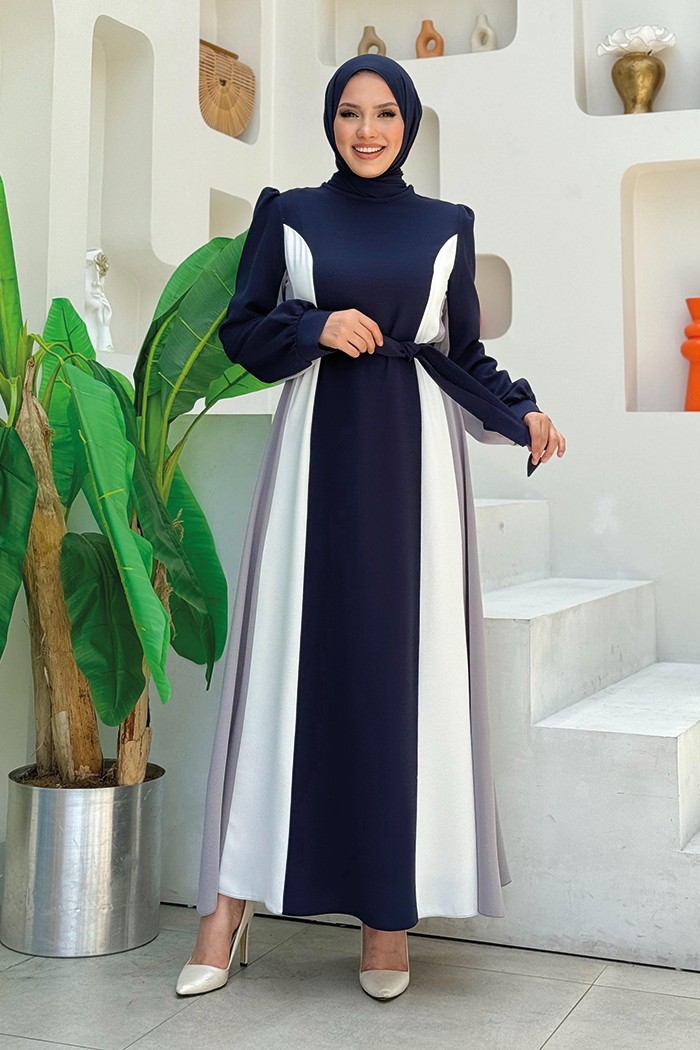 Bym Fashion Bel Kuşaklı Üç Renk Elbise 3901 Lacivert