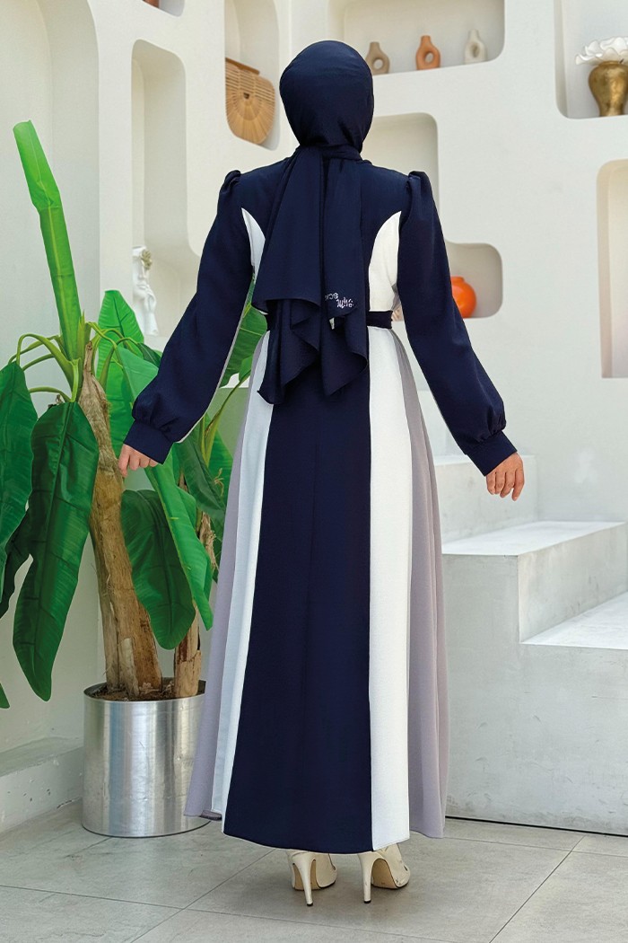 Bym Fashion Bel Kuşaklı Üç Renk Elbise 3901 Lacivert görsel 2