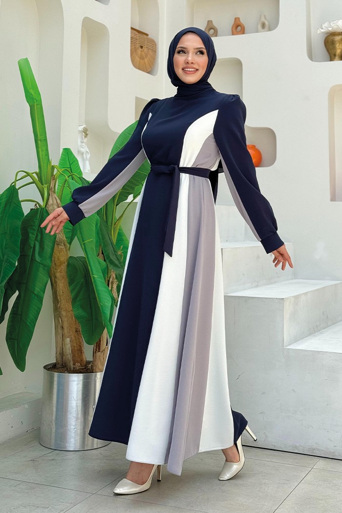 Bym Fashion Bel Kuşaklı Üç Renk Elbise 3901 Lacivert görsel 3