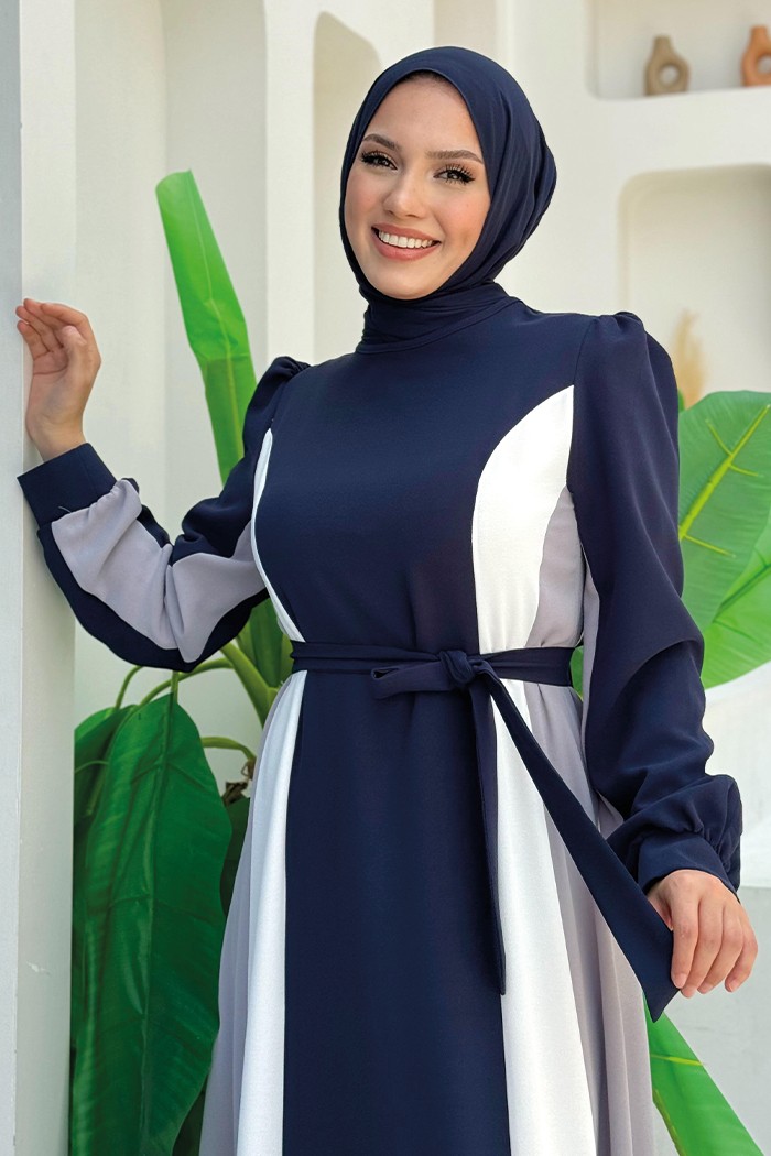Bym Fashion Bel Kuşaklı Üç Renk Elbise 3901 Lacivert görsel 4