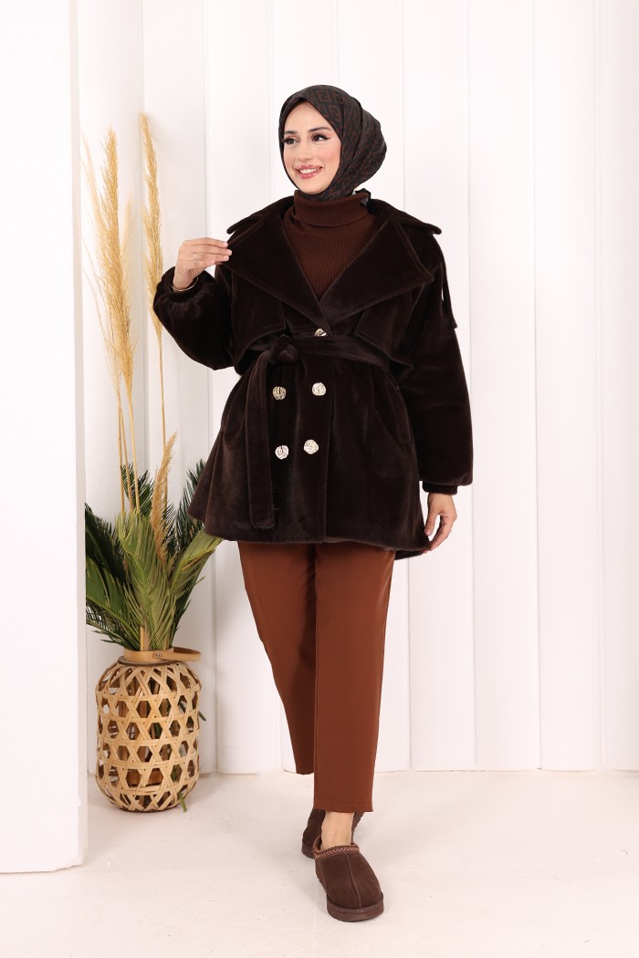 Bym Fashion Düğmeli Kaban 70059 Kahverengi görsel 6