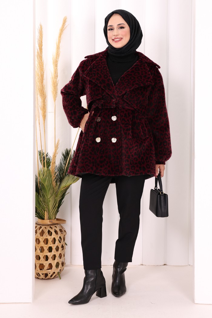 Bym Fashion Leopar Düğmeli Kaban 70059-1 Bordo