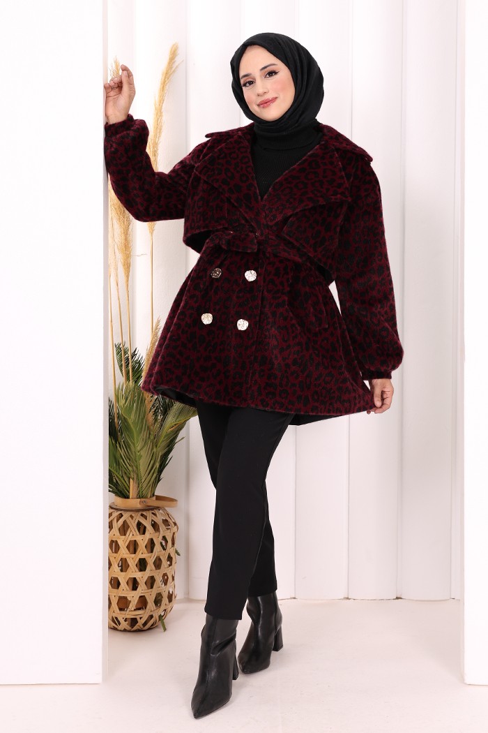 Bym Fashion Leopar Düğmeli Kaban 70059-1 Bordo görsel 2