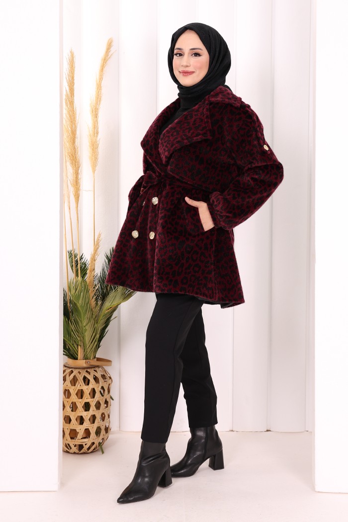 Bym Fashion Leopar Düğmeli Kaban 70059-1 Bordo görsel 3
