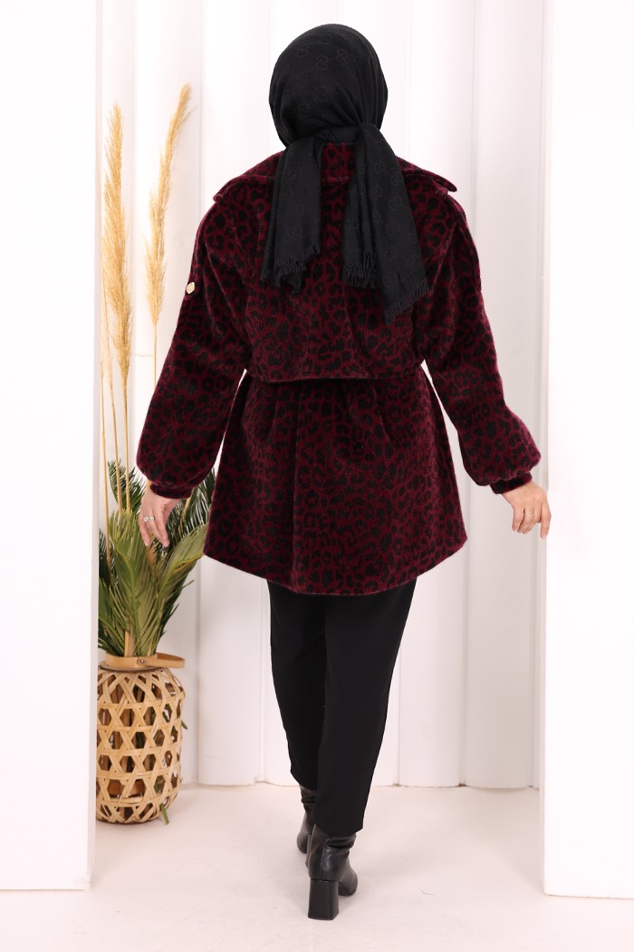 Bym Fashion Leopar Düğmeli Kaban 70059-1 Bordo görsel 4