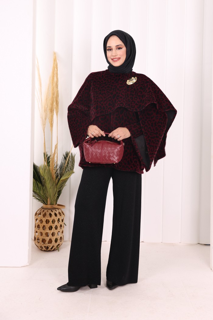 Bym Fashion Atkı Detay Leoparlı Panço 70061-1 Bordo