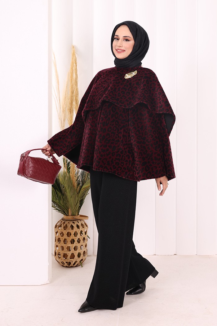 Bym Fashion Atkı Detay Leoparlı Panço 70061-1 Bordo görsel 2