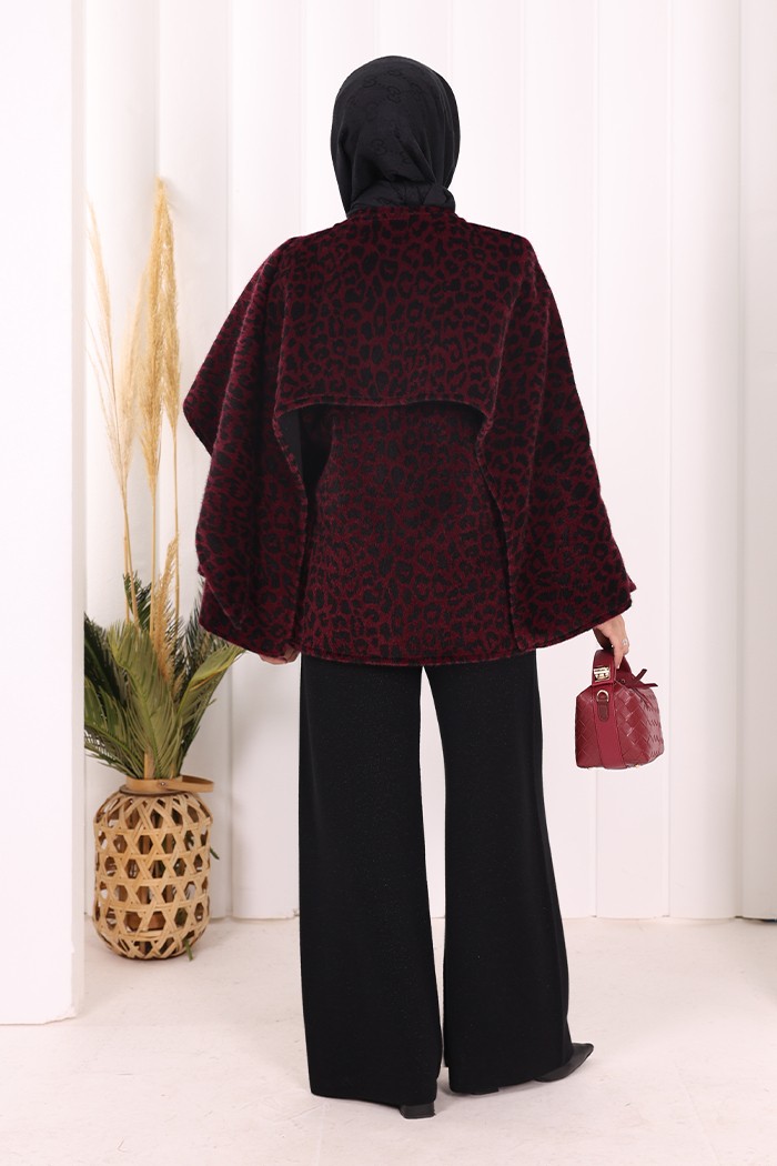 Bym Fashion Atkı Detay Leoparlı Panço 70061-1 Bordo görsel 3