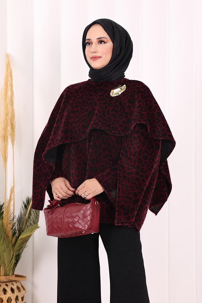 Bym Fashion Atkı Detay Leoparlı Panço 70061-1 Bordo görsel 4
