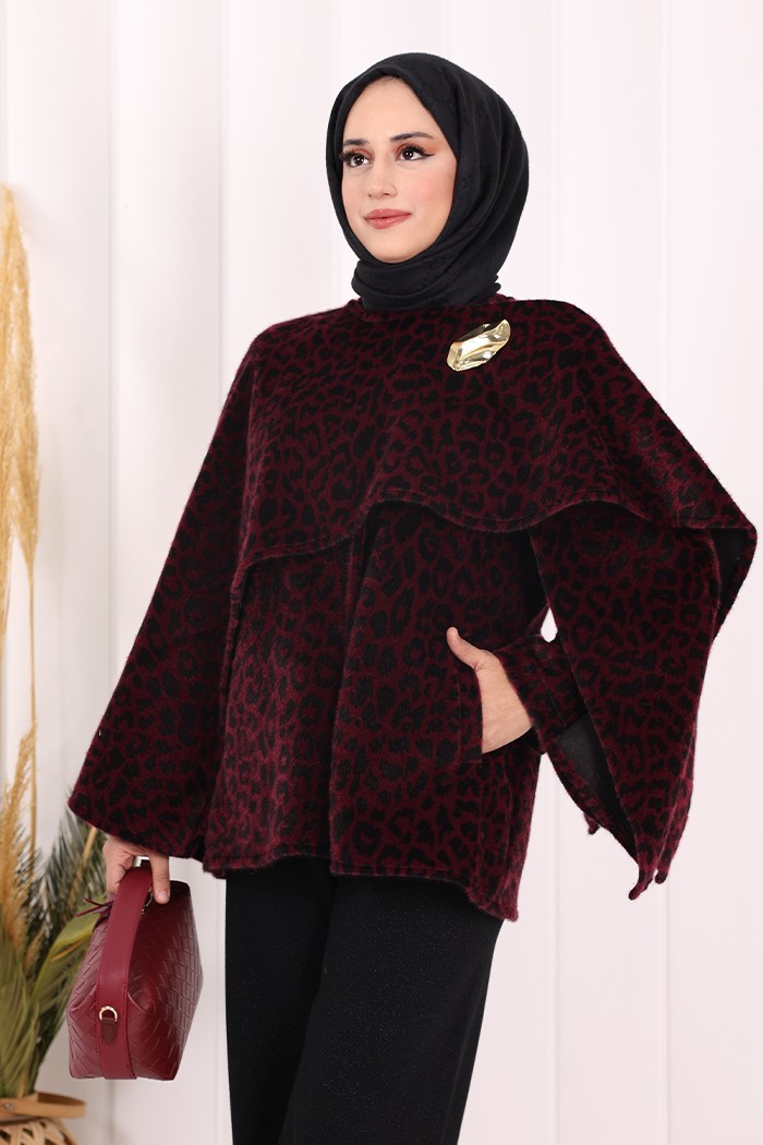Bym Fashion Atkı Detay Leoparlı Panço 70061-1 Bordo görsel 5