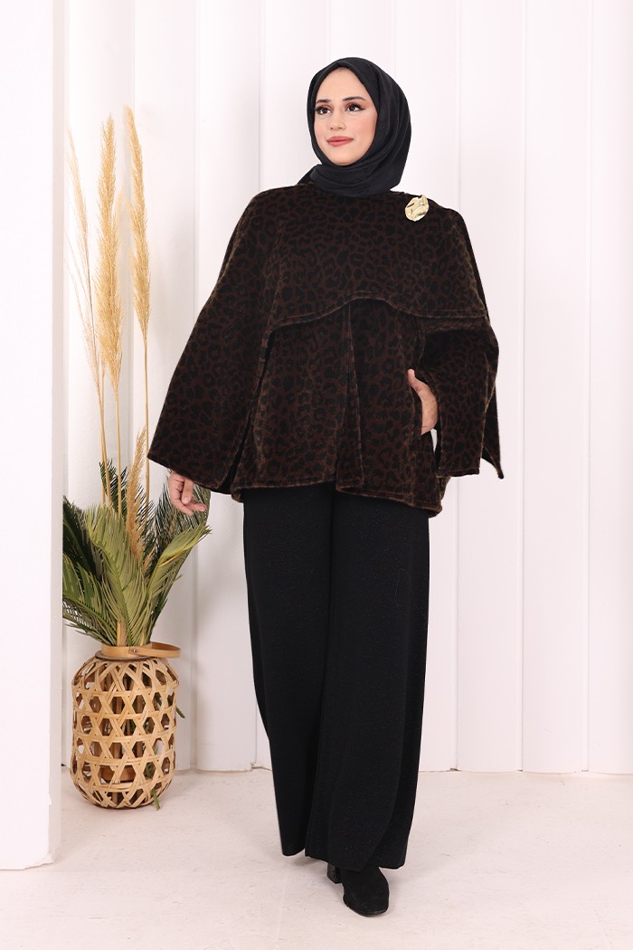 Bym Fashion Atkı Detay Leoparlı Panço 70061-1 Bordo görsel 6