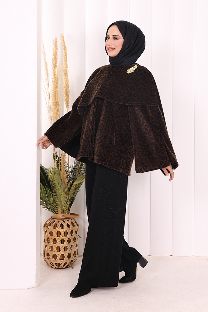 Bym Fashion Atkı Detay Leoparlı Panço 70061-1 Bordo görsel 7