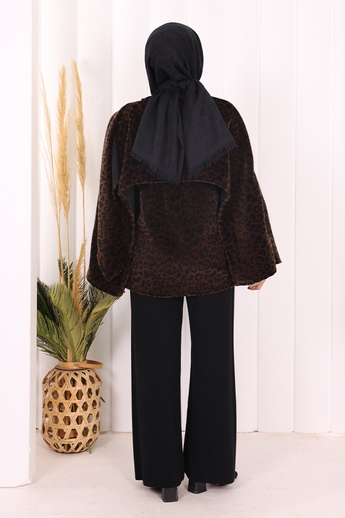 Bym Fashion Atkı Detay Leoparlı Panço 70061-1 Bordo görsel 8