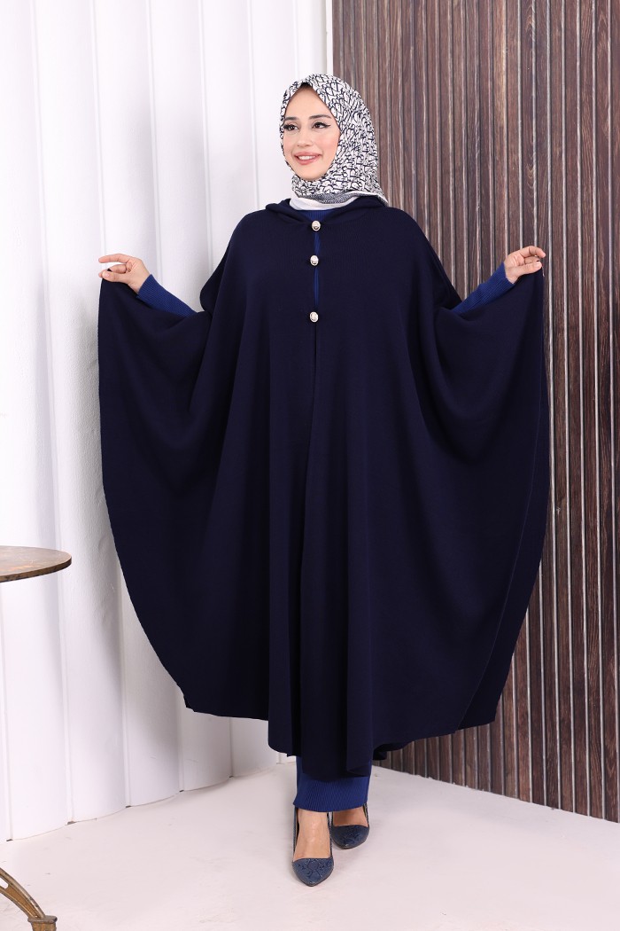 Bym Fashion Düğmeli Kapşonlu Triko Panço 18342 Kahverengi