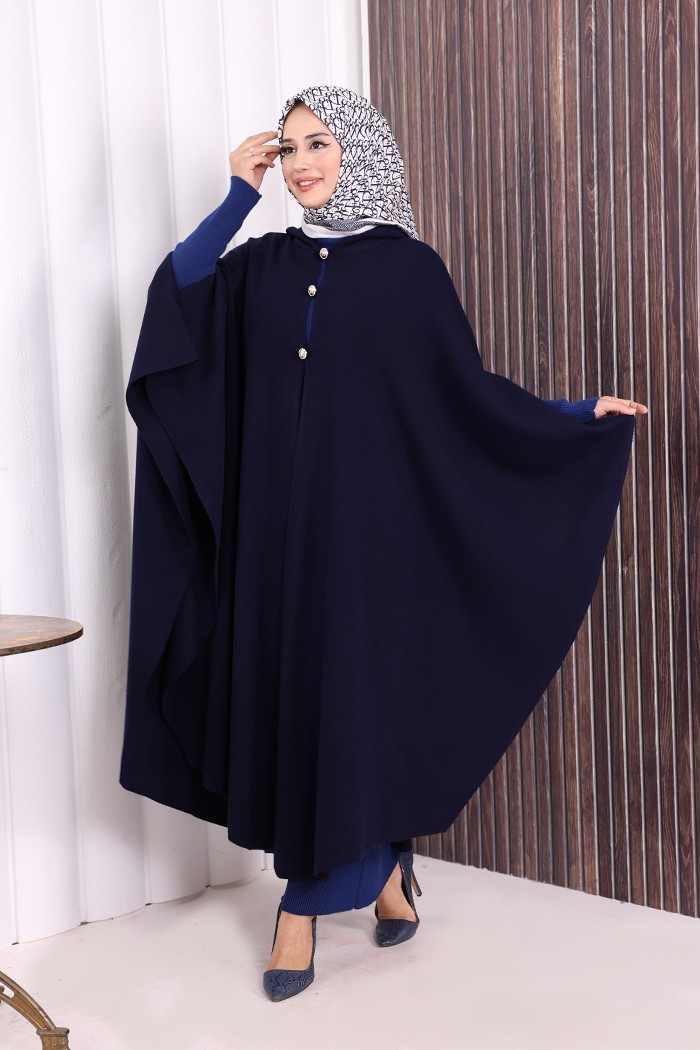 Bym Fashion Düğmeli Kapşonlu Triko Panço 18342 Kahverengi görsel 2