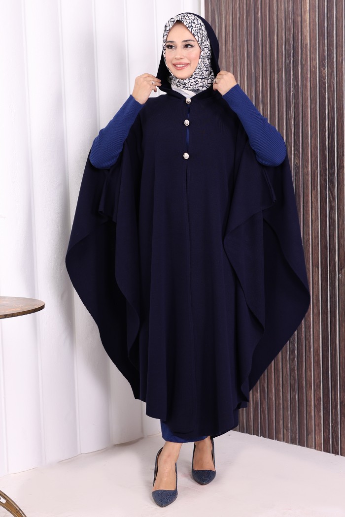 Bym Fashion Düğmeli Kapşonlu Triko Panço 18342 Kahverengi görsel 3