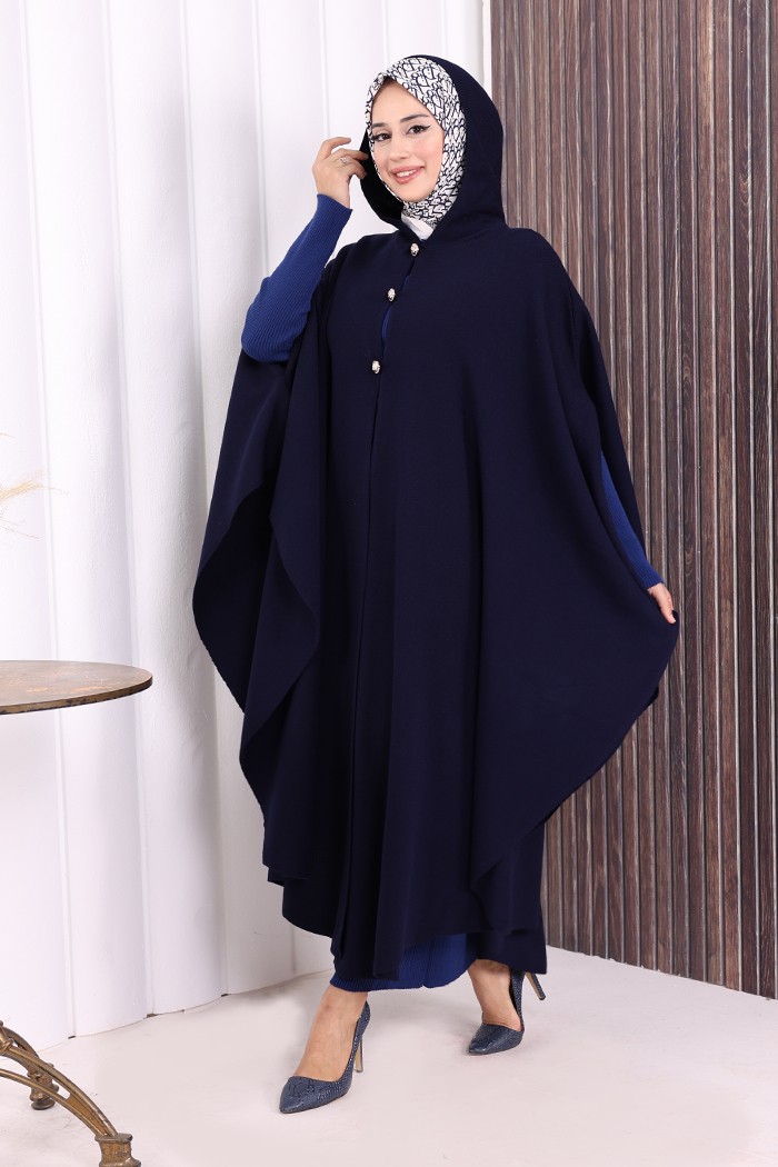 Bym Fashion Düğmeli Kapşonlu Triko Panço 18342 Kahverengi görsel 4