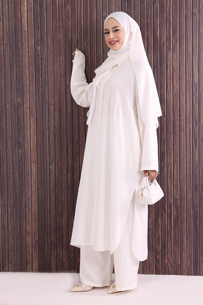 Bym Fashion Düğmeli İkili Takım 6057 Ekru görsel 7