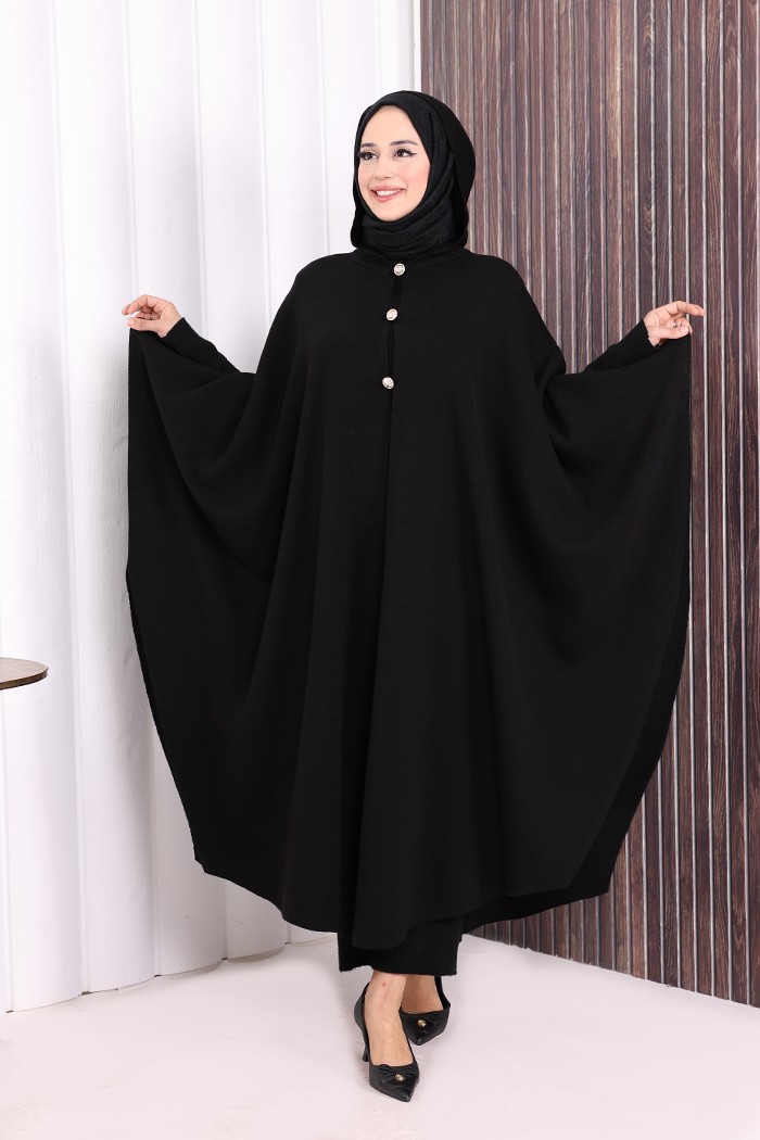 Bym Fashion Düğmeli Kapşonlu Triko Panço 18342 Kahverengi