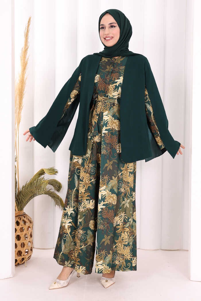 Bym Fashion Pelerin Kol Görünümlü Düz Astarlı Ceket 7666 Zümrüt görsel 4