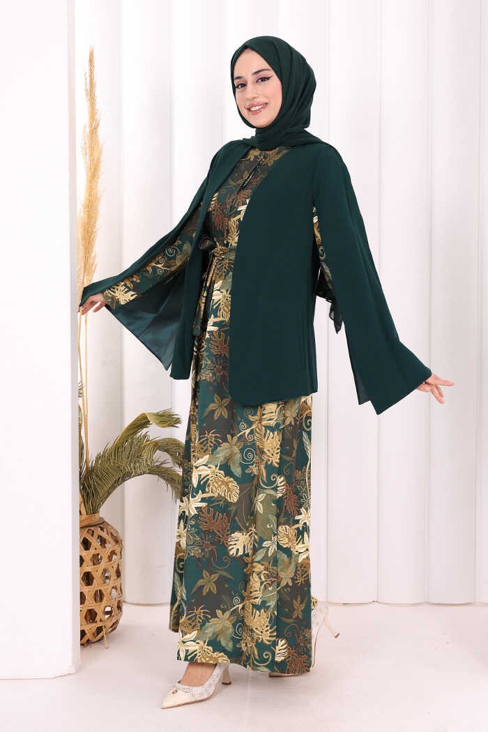 Bym Fashion Pelerin Kol Görünümlü Düz Astarlı Ceket 7666 Zümrüt görsel 7