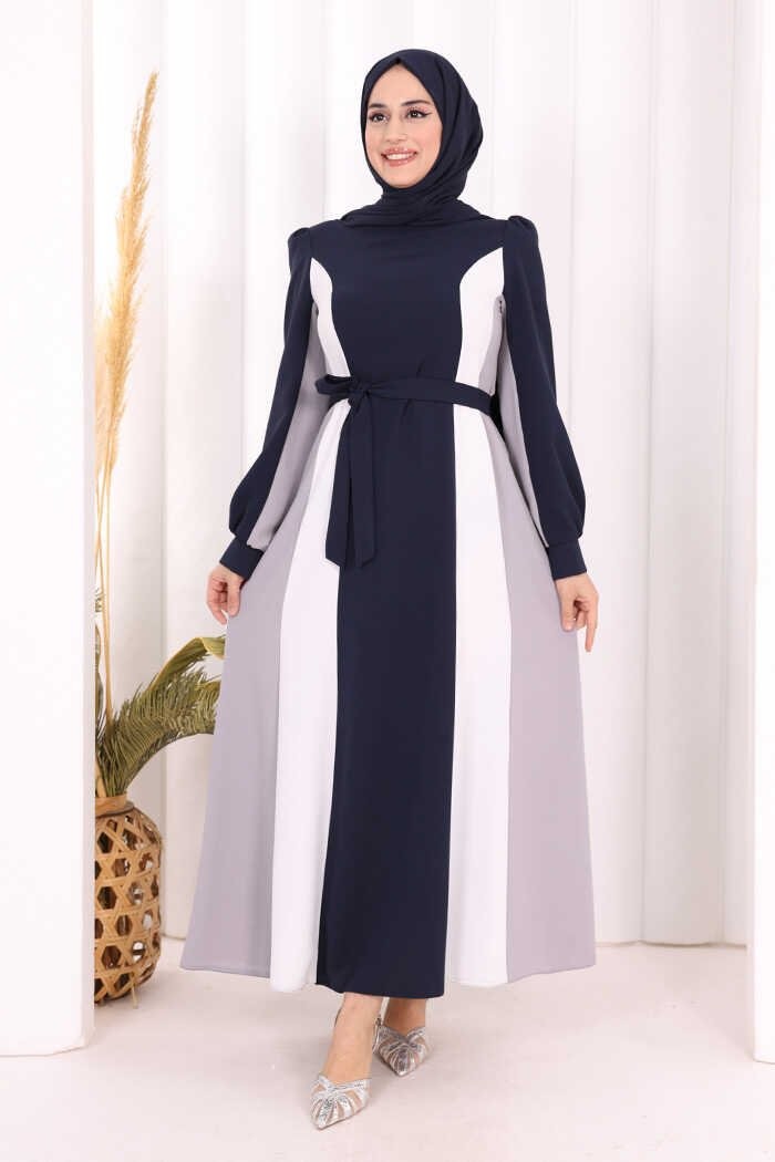 Bym Fashion Bel Kuşaklı Üç Renk Elbise 3901 Lacivert görsel 5