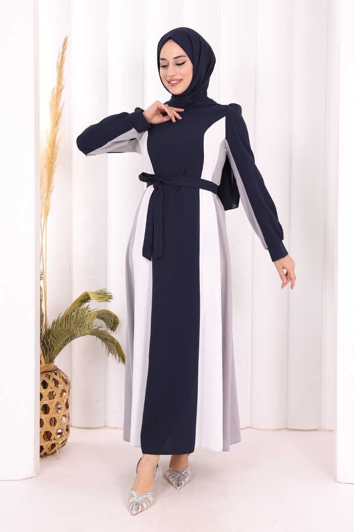 Bym Fashion Bel Kuşaklı Üç Renk Elbise 3901 Lacivert görsel 6