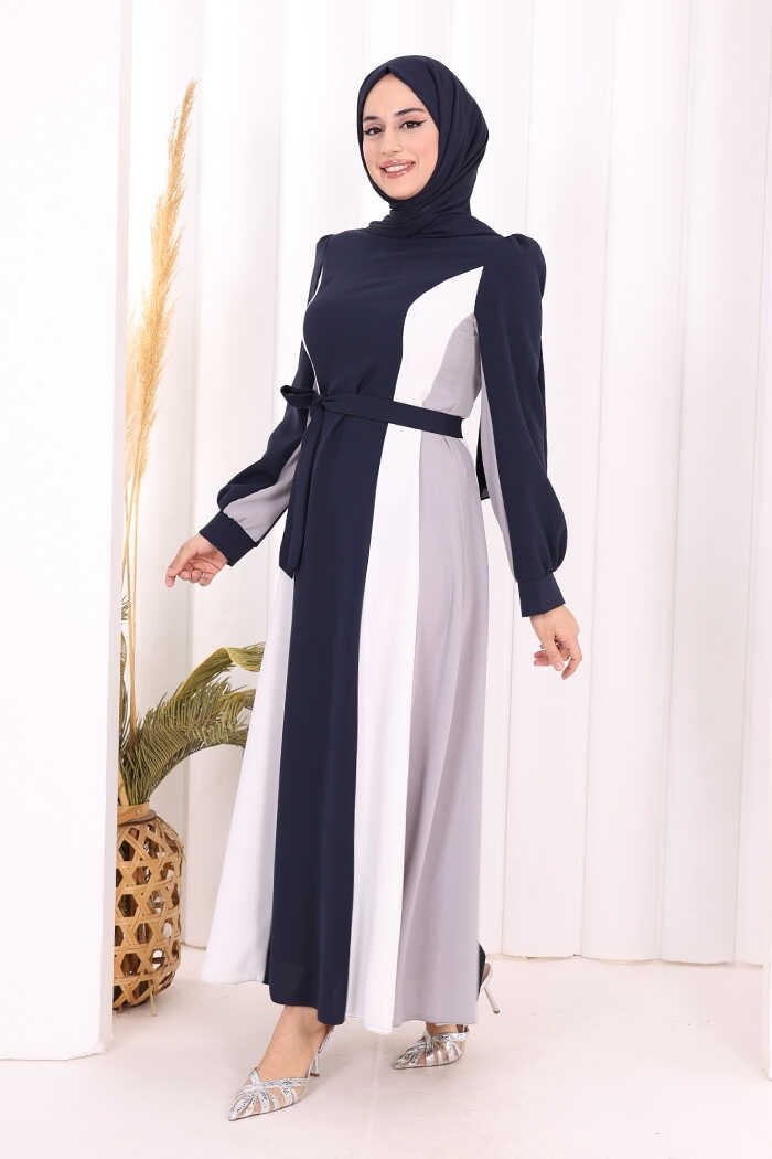 Bym Fashion Bel Kuşaklı Üç Renk Elbise 3901 Lacivert görsel 7
